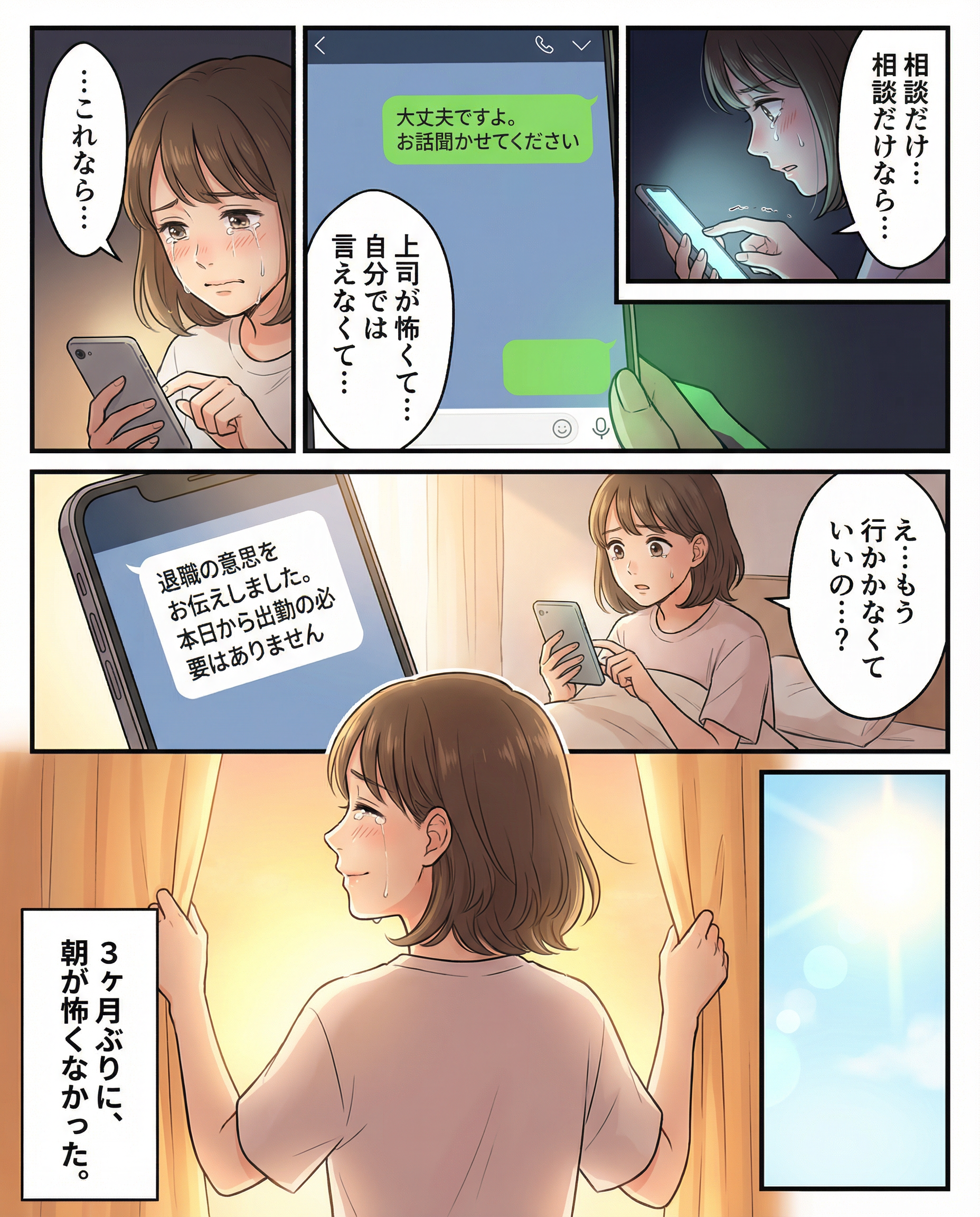 漫画ページ4：LINE相談から退職完了