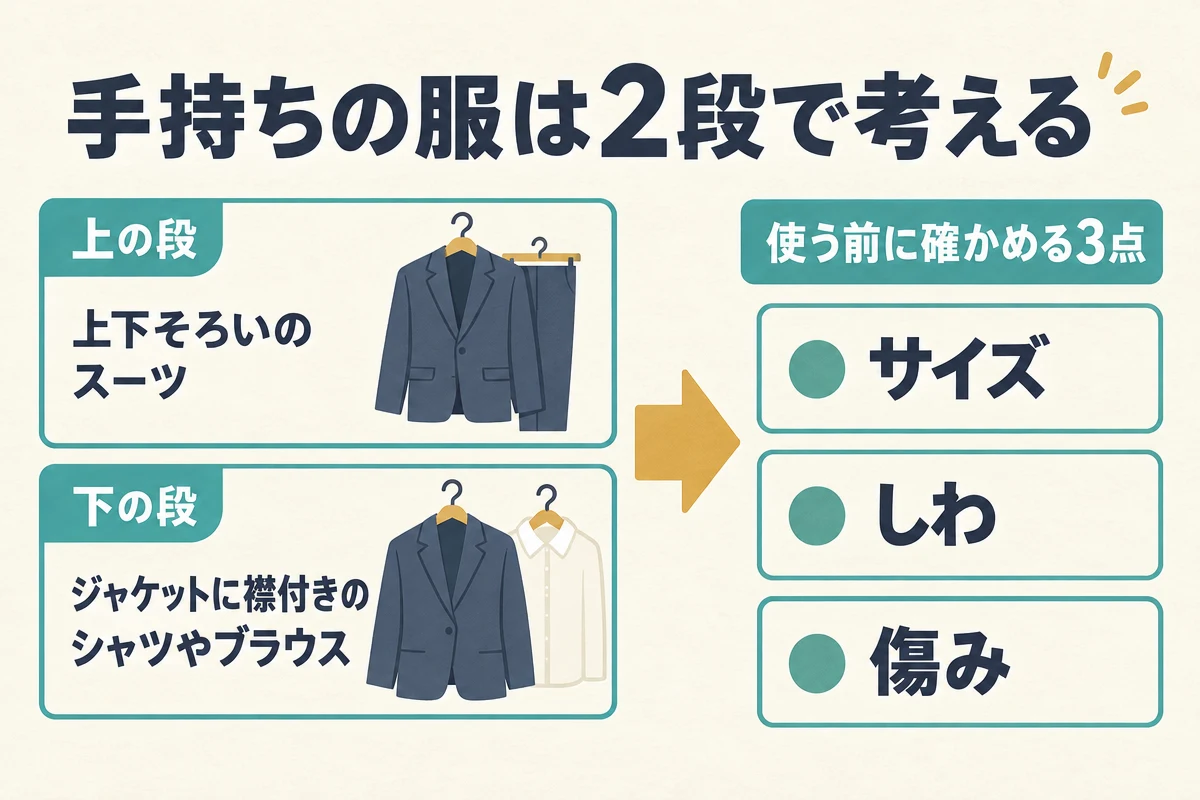 手持ちの服を、上下そろいのスーツとジャケットに襟付きのシャツやブラウスを合わせた服の2段に分け、使う前にサイズ・しわ・傷みの3点を確かめる