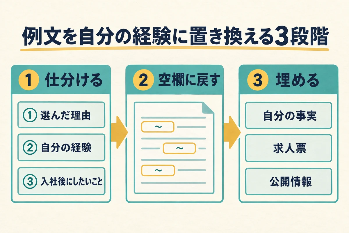 志望動機の例文を、1文ずつ3つの枠に仕分け、本人と応募先の語を空欄に戻し、自分の事実と求人票の記載で埋める