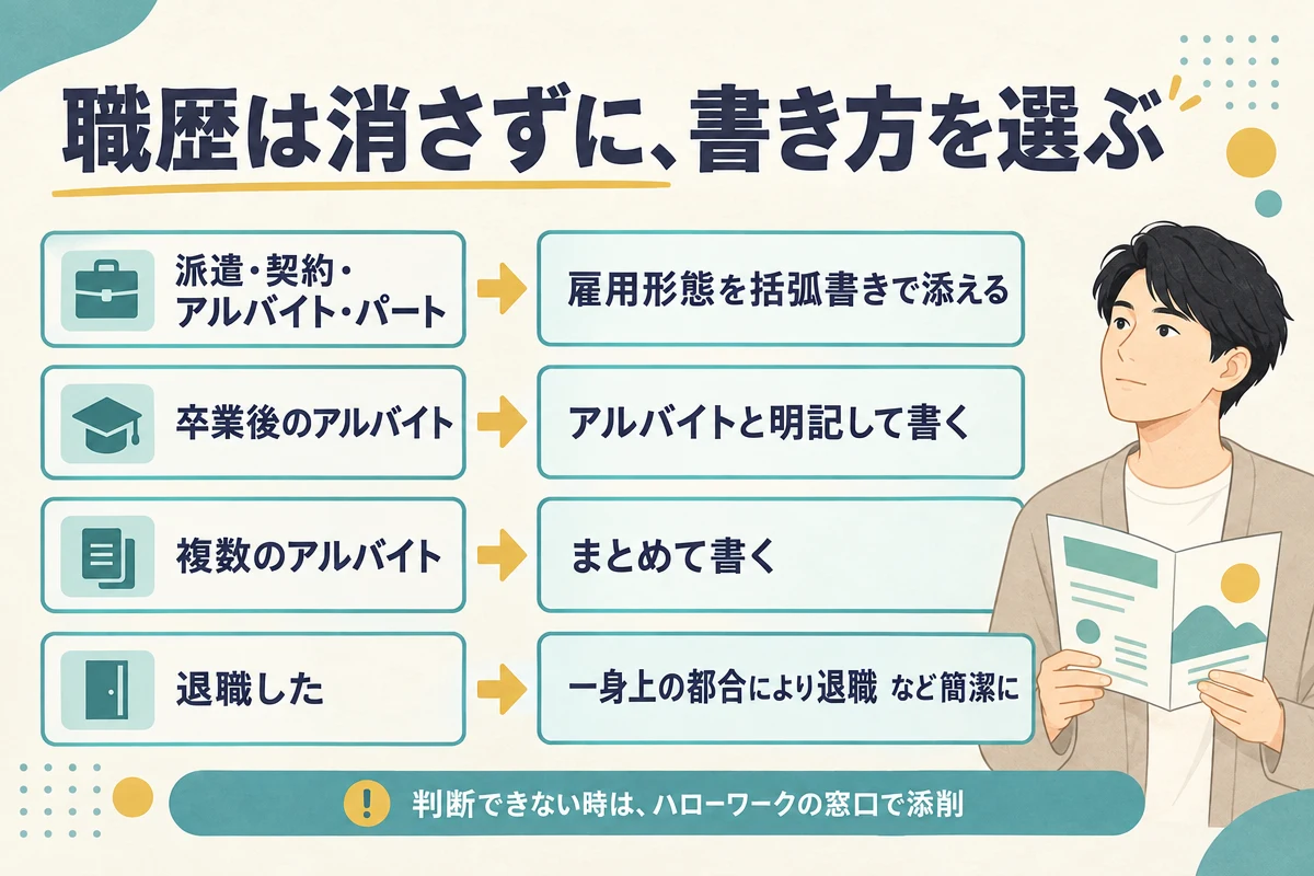 派遣やアルバイトは雇用形態を添え、卒業後のアルバイトは明記し、複数はまとめ、退職は簡潔に書く