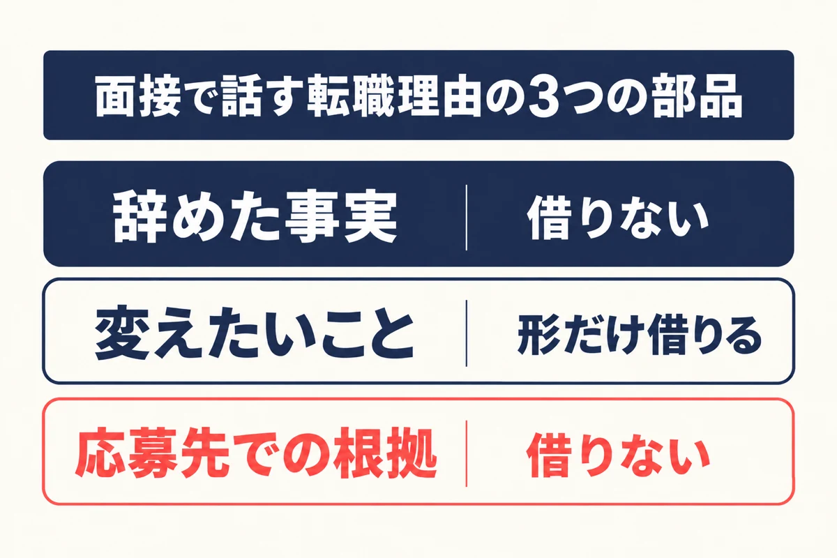 面接で話す転職理由の3つの部品。辞めた事実は借りない、変えたいことは形だけ借りる、応募先での根拠は借りない、と並んでいる。