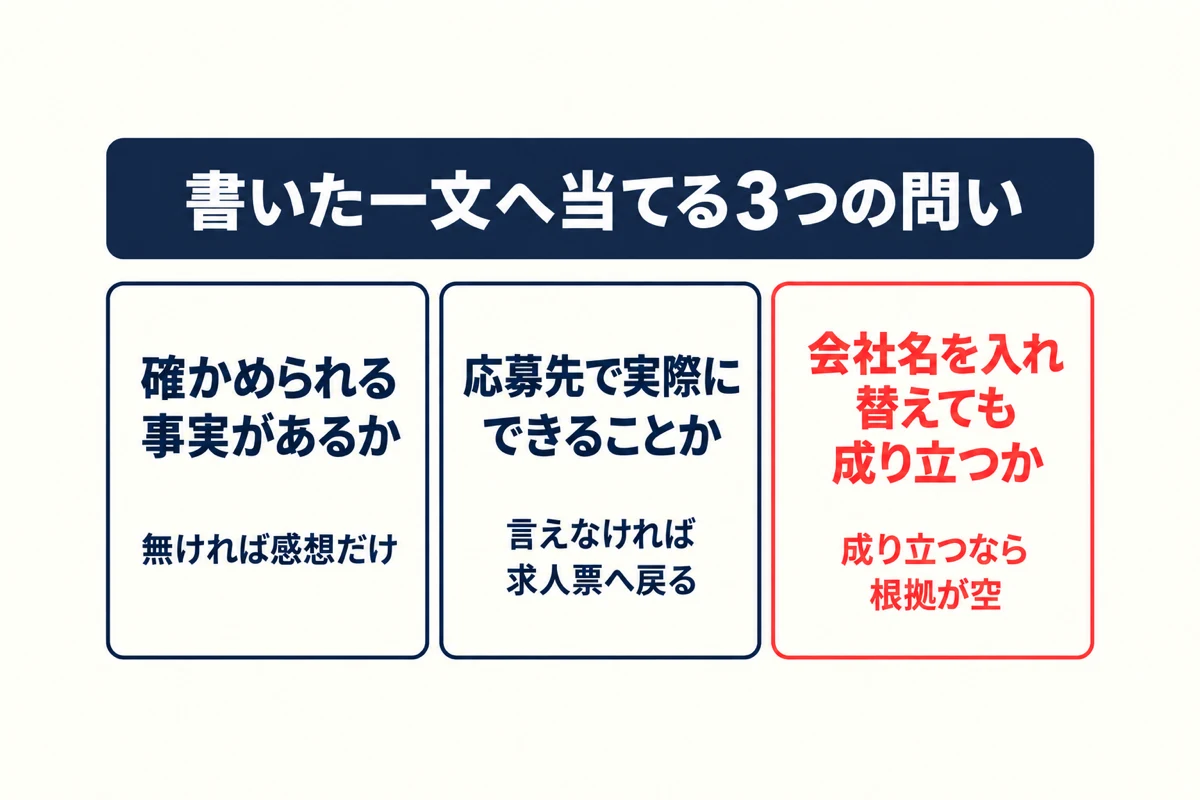 書いた一文へ当てる3つの問い。確かめられる事実があるか、応募先で実際にできることか、会社名を入れ替えても成り立つか。それぞれ当てはまらなかったときの扱いが添えてある。