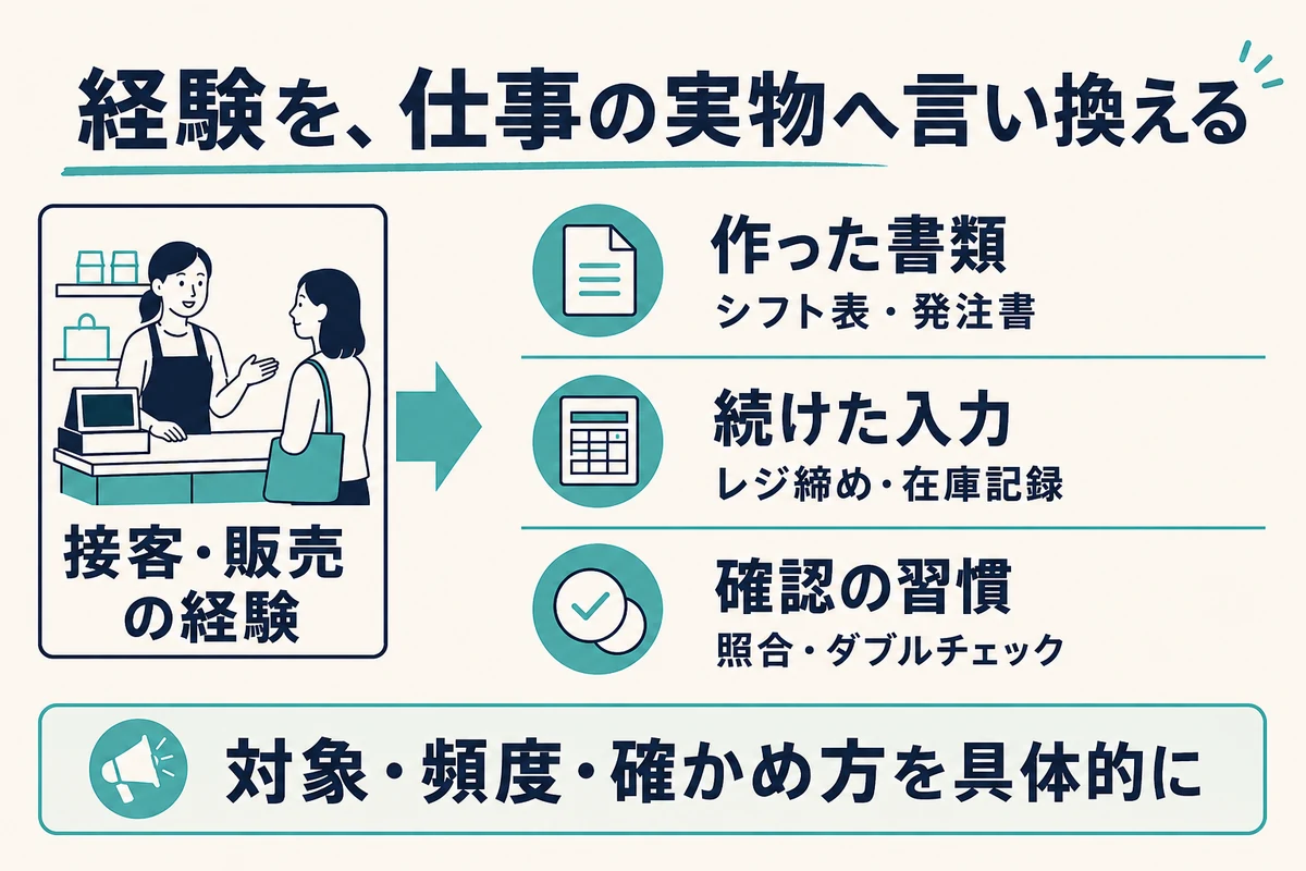 接客や販売の経験を、作った書類・続けた入力・確認の習慣へ言い換える流れを示した図