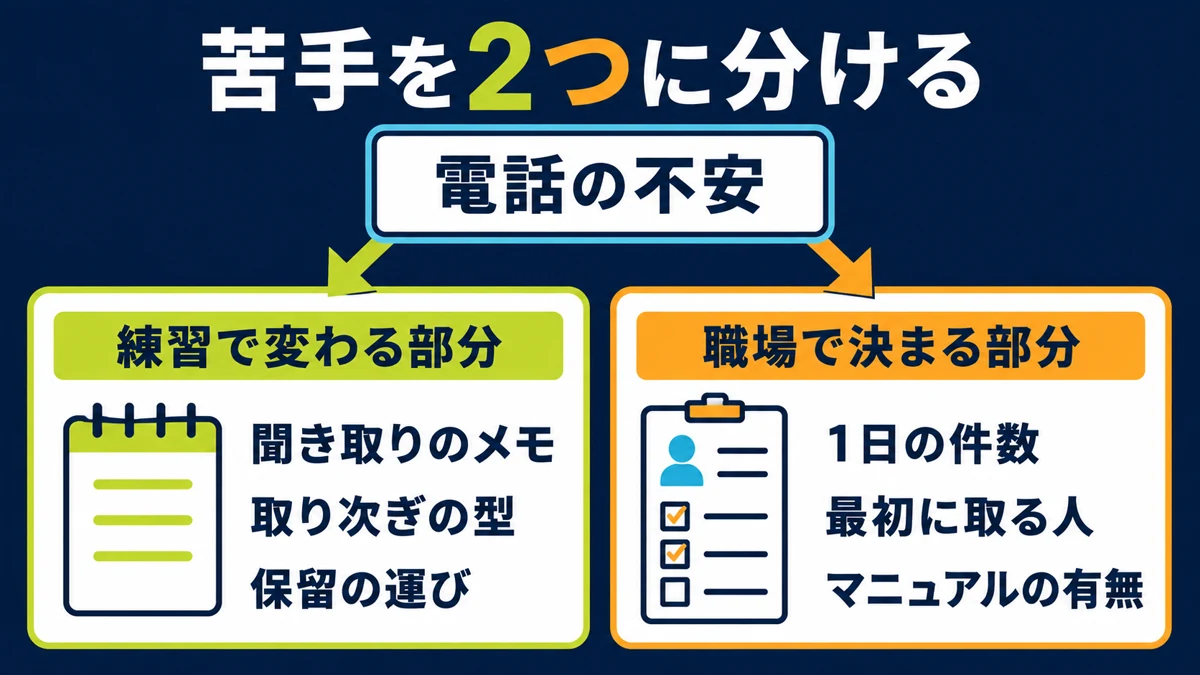 電話対応の不安を「練習で変わる部分」と「職場で決まる部分」の2つに仕分ける図
