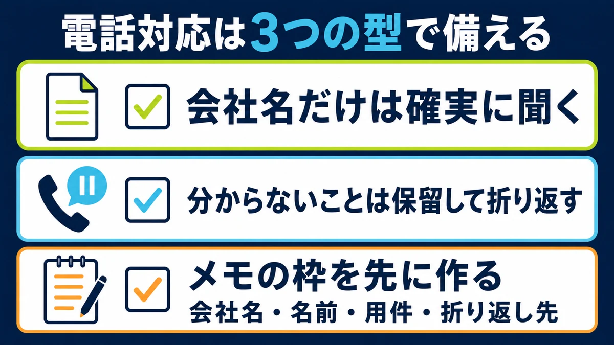 電話の取り次ぎに備える3つの型（会社名・保留・メモの枠）の図
